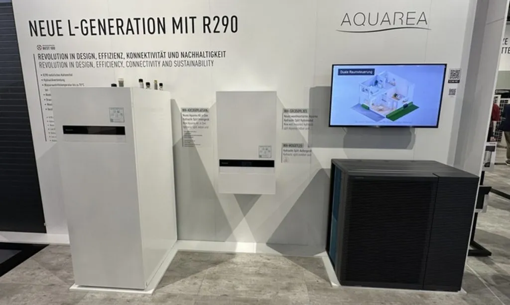 Panasonic’s residential R290 air-to-water heat pump on display at ISH 2023 in Frankfurt, Germany