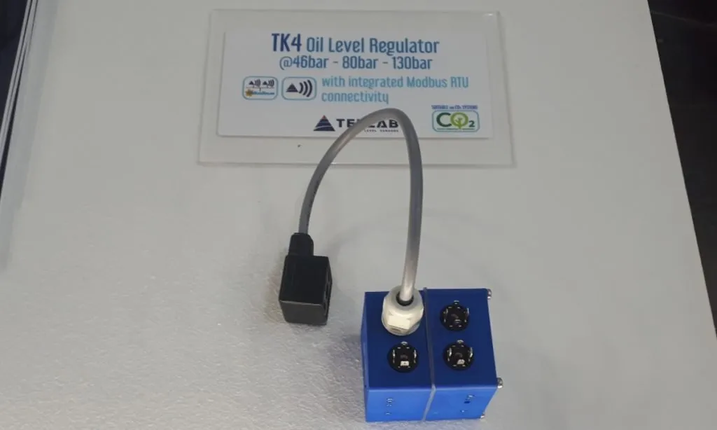 Teklab’s TK4 oil level regulator on display at EuroShop 2023.