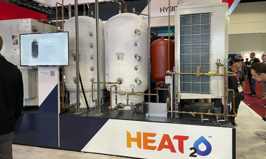 Mitsubishi’s Heat2O heat pump water heater on display at AHR Expo.