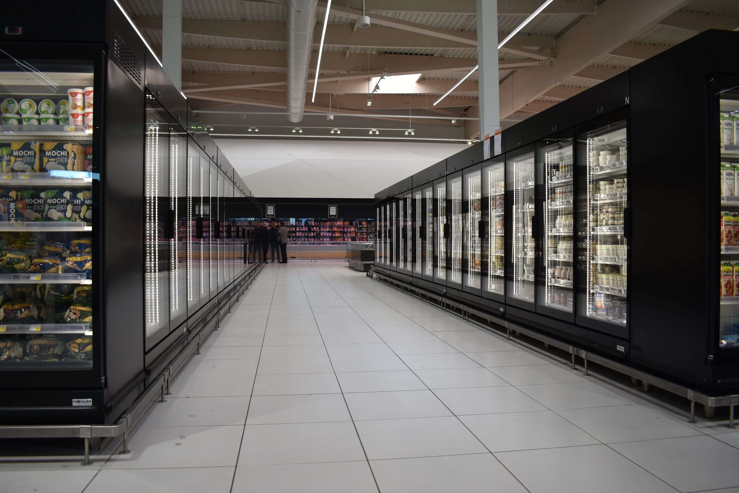 Novum R290 cabinets in a frozen food aisle at the Ville-la-Grand E.Leclerc. 