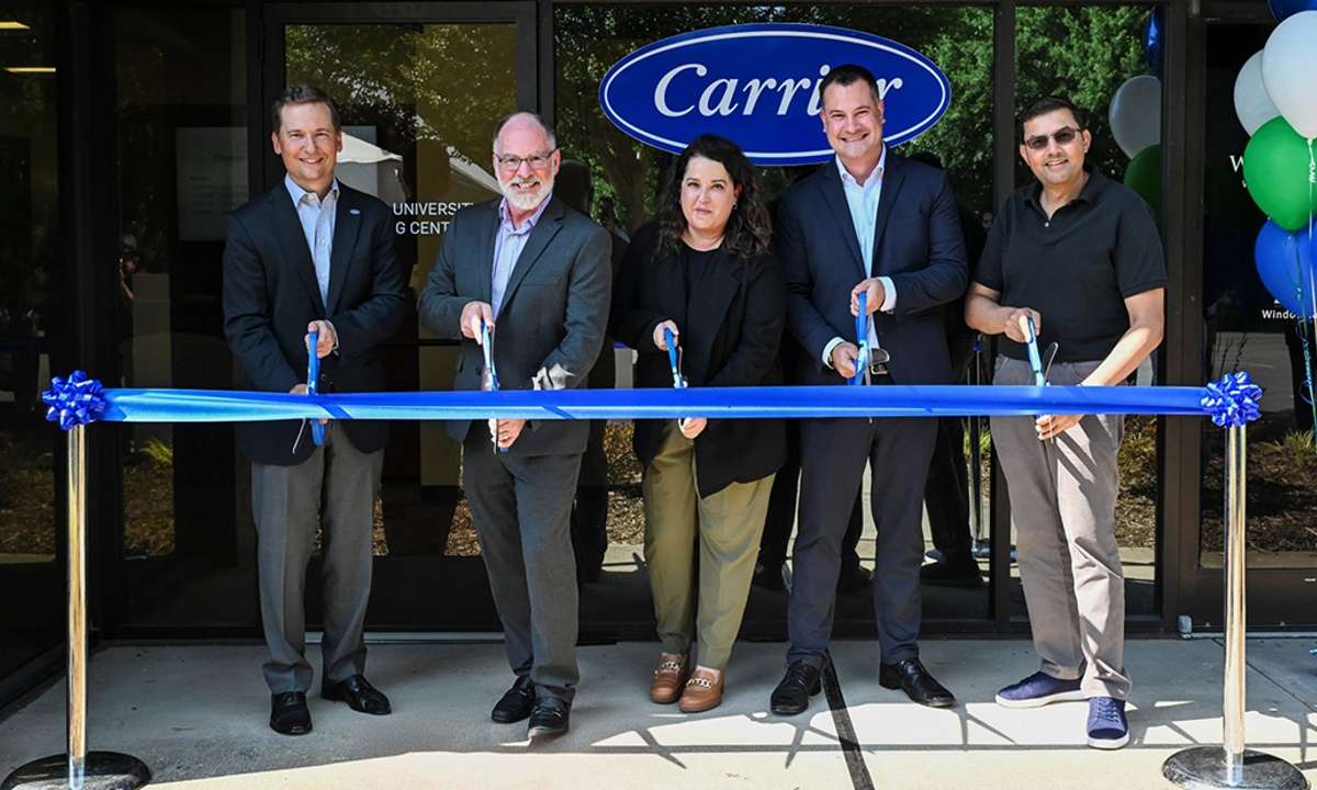 Carrier leaders at the opening of the new training center in Charlotte. From left: Chris Opie, Rick Nadeau, Renee Thomashow, Steve Ribaudo and Gaurang Pandya. (Source: Carrier)