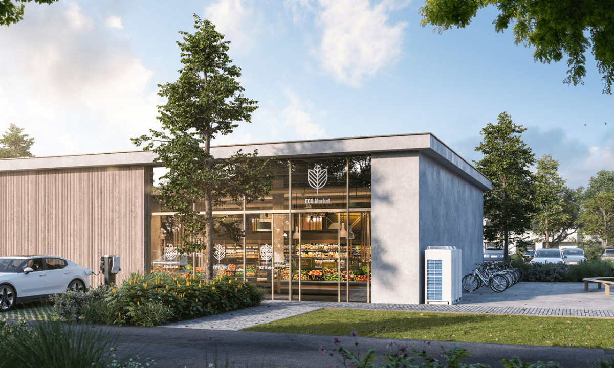 A rendering of a supermarket with a Daikin CO2 VRF unit installed.