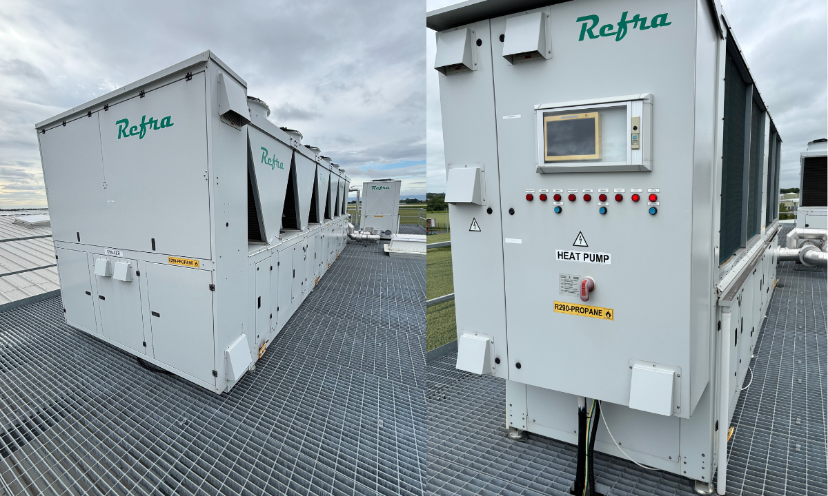 Refra’s heat pump (L) and chiller at Keelings’ flower processing facility in Dublin. Photo credit: Anglo Irish Refrigeration