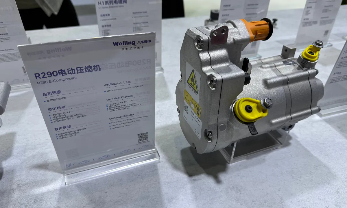 An R290 electric compressor from Welling on display at Auto Shanghai 2025
