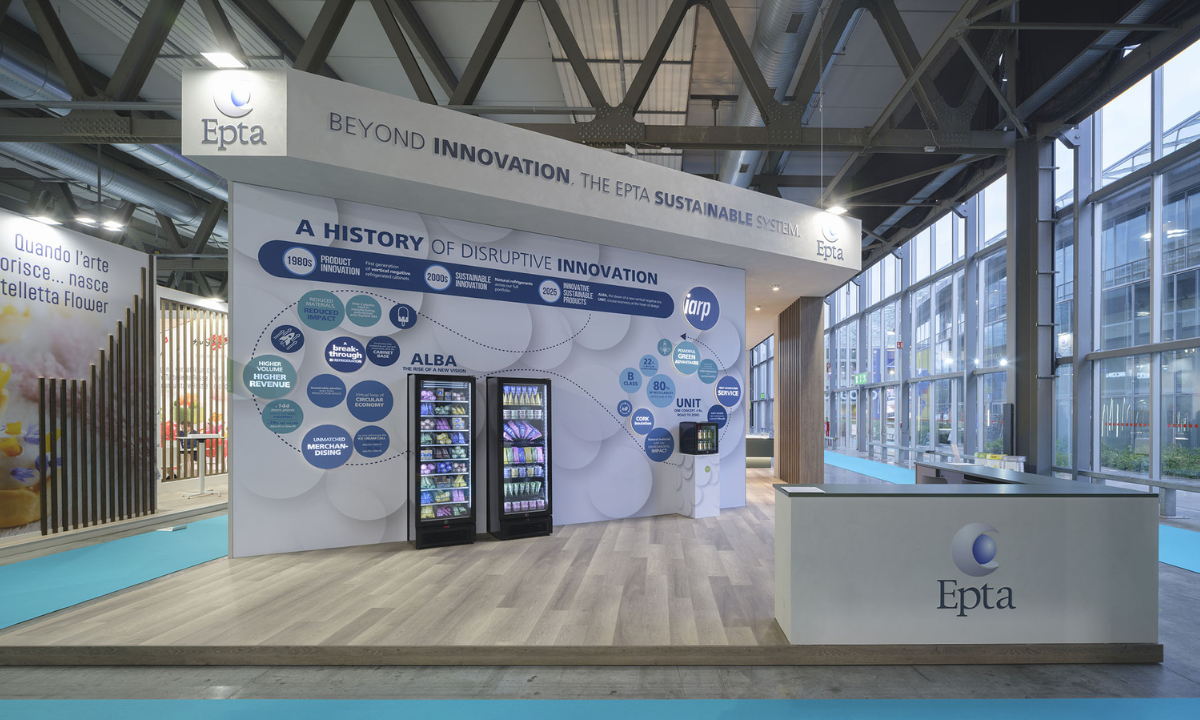 Epta's booth at HostMilano 2025. Epta showed off the Alba 43 and Alba 45 vertical display cabinets for frozen food using R290 refrigerants at the show.