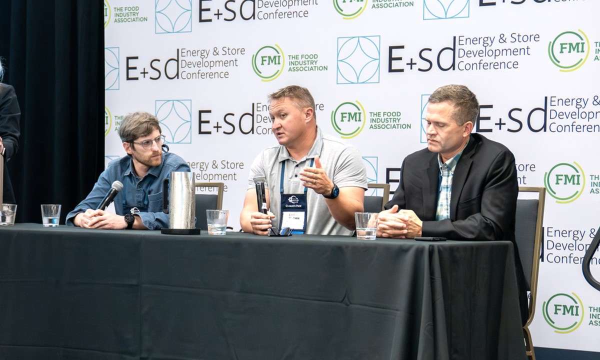 A graphic of Eli Goldstein, Co-Founder and CTO of the California-based Skycool Systems, Shawn Holzschuh, Director of Refrigeration at Target, and KC Kolstad, Lead Mechanical Engineer at Target, presenting at FMI Energy and Store Development Conference 2025, regarding subcooling transcritical CO2 systems with heat rejection panels.