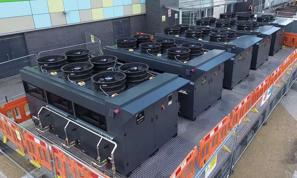 The five Maple heat pumps installed at the Orford Jubilee Neighbourhood Hub leisure center. Photo credit: Clade