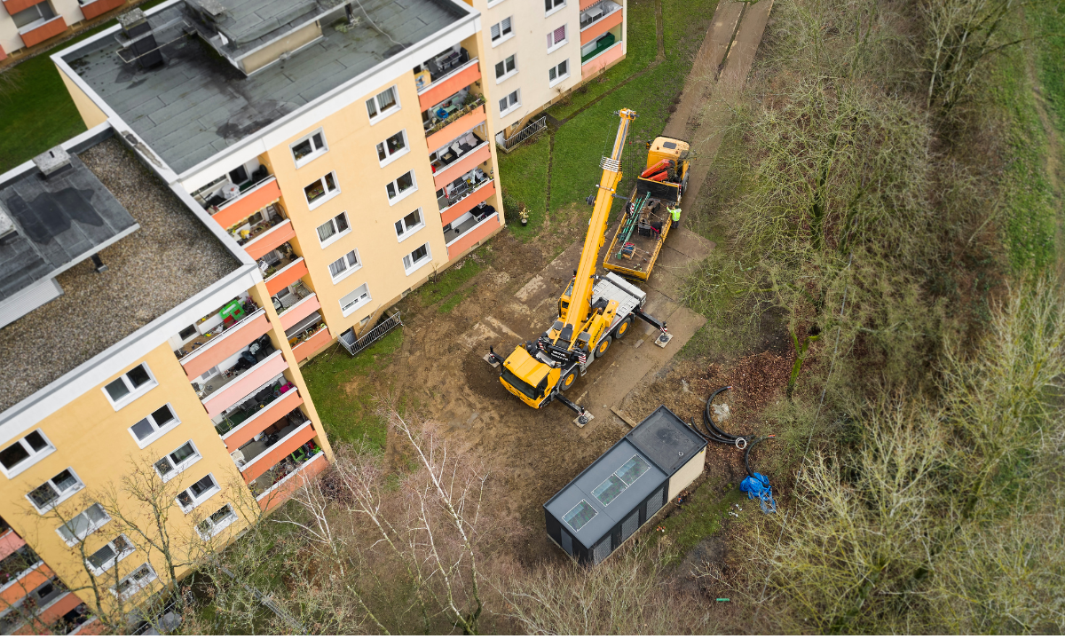 Vaillant R290 heat pumps installed behind apartment buildings in Dortmund, Germany.